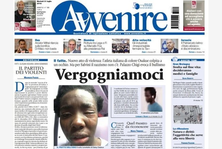 Avvenire in prima pagina: "Clima xenofobo, ministro Salvini pesi parole"